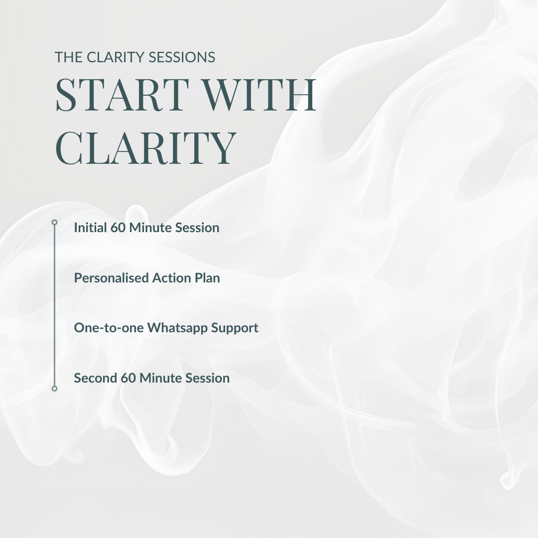 Promotional graphic for 'The Clarity Sessions' with text detailing services on a light gray background.
