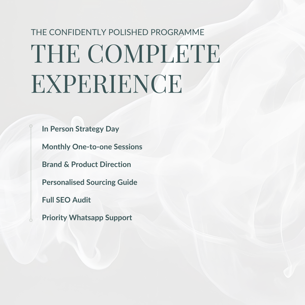 Promotional graphic for 'The Confidently Polished Programme' with service details on a light gray background.