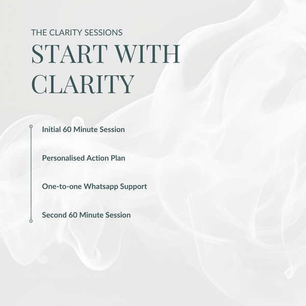 Promotional graphic for 'The Clarity Sessions' with text detailing services on a light gray background.